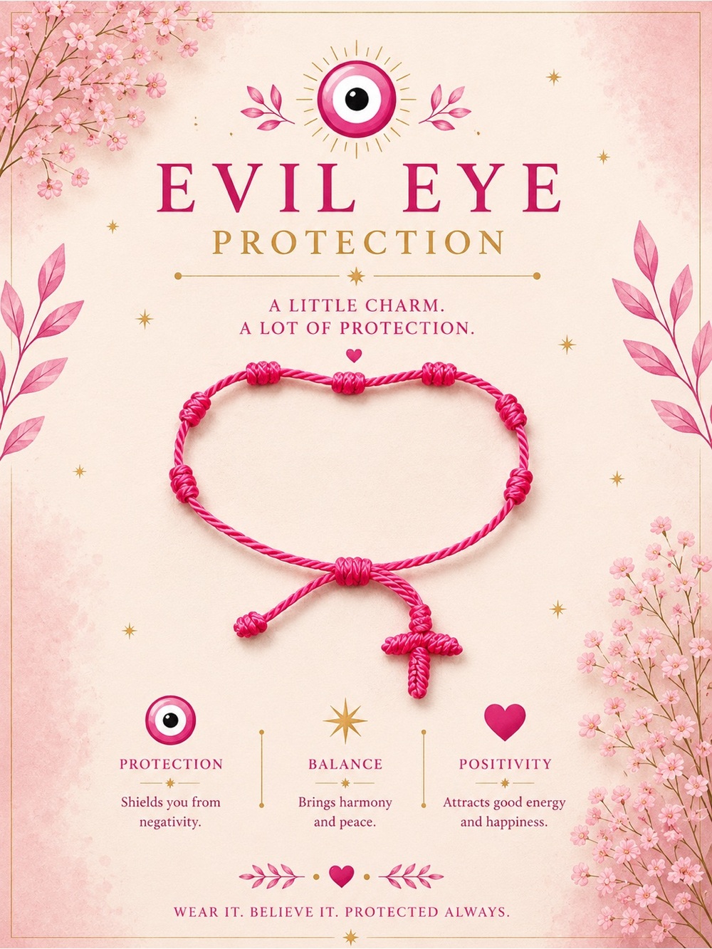Evil Eye Protection Pink Knot Cord Bracelet